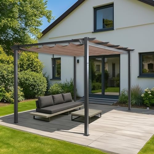 Aluminium Pergola HWC-N93, Gartenpavillon Pavillon Garten, stabiles 8cm-Gestell Schiebedach UV50+ 3x4m - Taupe