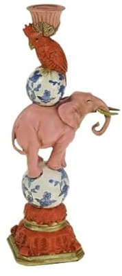 WERNS Design Kerzenhalter Vogel auf Elefant Pink-Blau-Weiß – Statement Kerzenleuchter, Deko, handbemalt, 30,5x13x9 cm (H/B/T)
