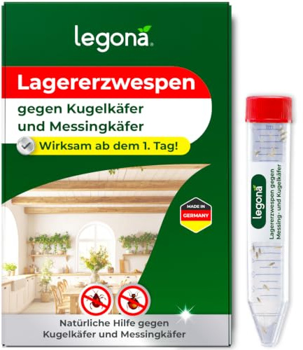 Legona Lagererzwespen gegen Kugelkäfer und Messingkäfer, 2 Röhrchen, 20 m² | Materialschutz in Wohnung, Vorrat und Lager gegen Kugelkäfer und Messingkäfer