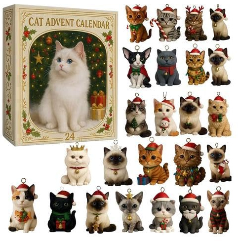 Katze Adventskalender 2025, Acryl Katze Figur Anhänger Adventskalender, 24 Tage Weihnachten Adventskalender Hängende Ornament, Baum Cartoon Kätzchen Deko Ornament
