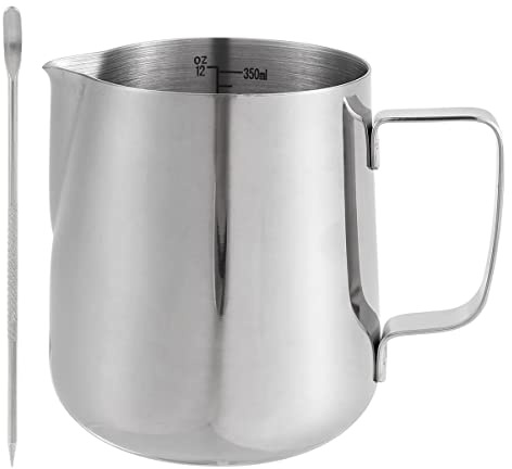 Milk Frothing Pitcher 350ml/12oz Handheld Stainless Steel Milk Jug for Coffee Machine with Measurement Mark and Decorating Pen for Making Cappuccino Latte Coffee Art
