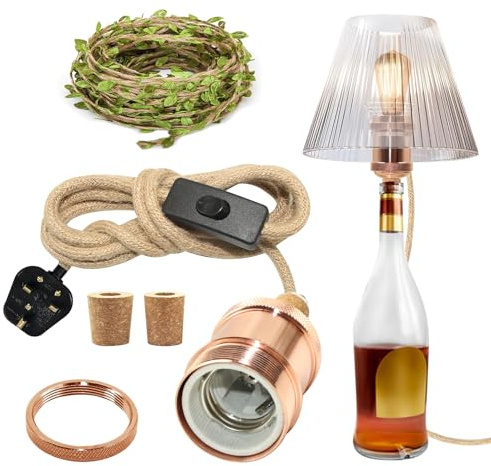 ZRLXFM Ceramic Bottle Lamp DIY Kit, Rose Gold E27 Lamp Holder with Switch, 240cm Hemp Cable, 3 Size Bottle Stoppers, and 5 Metre Green Leaf Hemp Cord