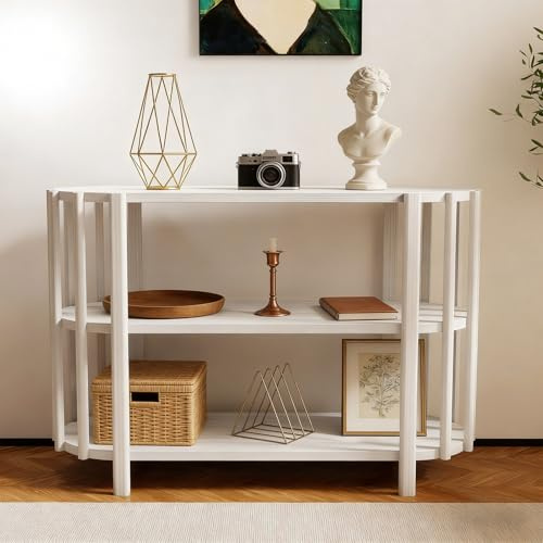 WODHMIEY Couchtisch Oval Wohnzimmertisch Skandinavisch Modern Beistelltisch Schmal 3 Etagen Ablage Konsolentisch Flur Sofa Ablagetisch Dekotisch Schmaler Tisch für Wohnzimmer Kleine Räume (Weiß)