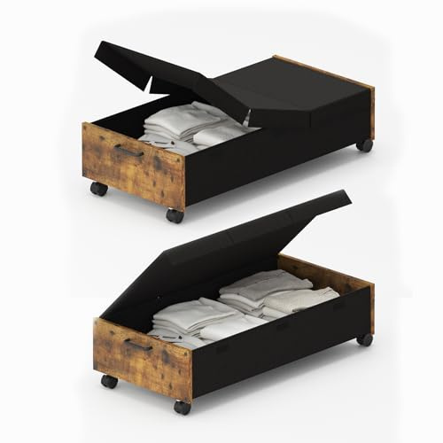 2 Pack Under Bed Storage Box on Wheels,Rolling Storage Containers with Lid,Metal Frame Clothes Organiser Drawer,Large Underbed Storage Bins,Clothes Boxes for Clothes,Shoes,Blankets,Toys (Brown-100L)
