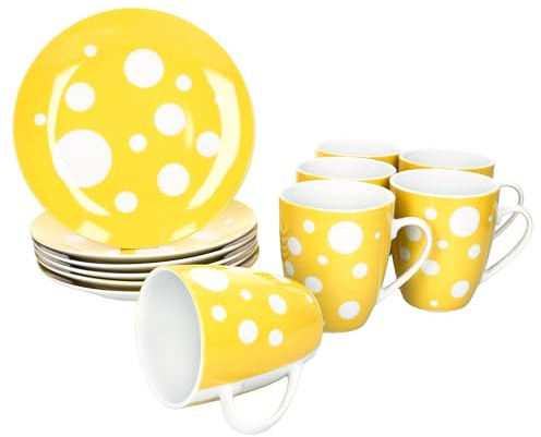 MamboCat Pula gelb 12tlg Frühstücksset I je 6X Gepunktete Kuchenteller & Kaffeebecher 300 ml aus Porzellan I 6 Personen I gelbes Punkte-Dekor I für Frühstück & Kaffee