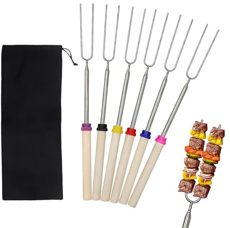 6Psc Marshmallow Toasting Forks Kit, Extendable Stainless Steel S'Mores Sticks, Barbecue Fork with Birch Handle U-Shaped Fork for Marshmallows, Hot Dogs, Barbecue Camping Picnic