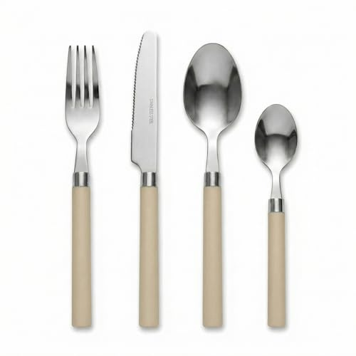 INTRECCI Servizio 24 Posate, Design per Uso Quotidiano e Occasioni – Set per 6 persone composto da Forchette, Coltelli, Cucchiai e Cucchiaini, Lavabile in Lavastoviglie – Colore: Biscotto