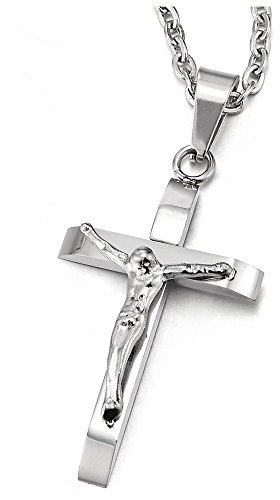 COOLSTEELANDBEYOND Zwei-Schichten Klein Kruzifix Kreuz Anhänger Jesus Christus Herren Damen Halskette aus Edelstahl, 51cm Stahl Seil-Kette
