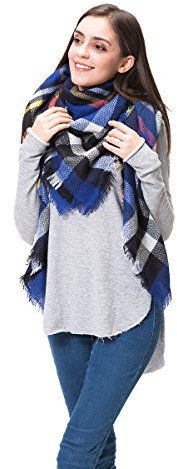 Lemef Damen Schal Kariert Winterschal Quadratisch Deckenschal Karo Tartan Streifen Plaid Muster Oversized Fransen Poncho