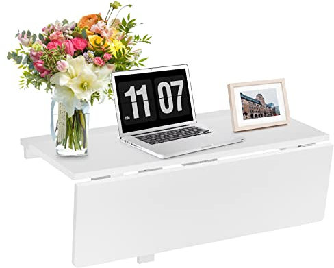 COSTWAY Tavolo Pieghevole a Muro, Tavolino Porta PC da Parete in Legno, Tavolo a Scomparsa Multifunzionale, Ideale per Soggiorno, Cucina e Studio, 80 x 60 x 45 cm (Bianco)