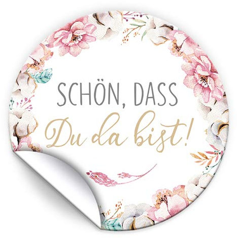 JuNa-Experten 100 Aufkleber SCHÖN, DASS DU DA BIST – Etiketten für Gastgeschenke & Mitgebsel bei Hochzeit, Taufe, Geburtstag, Jubiläum – Blumen-Design