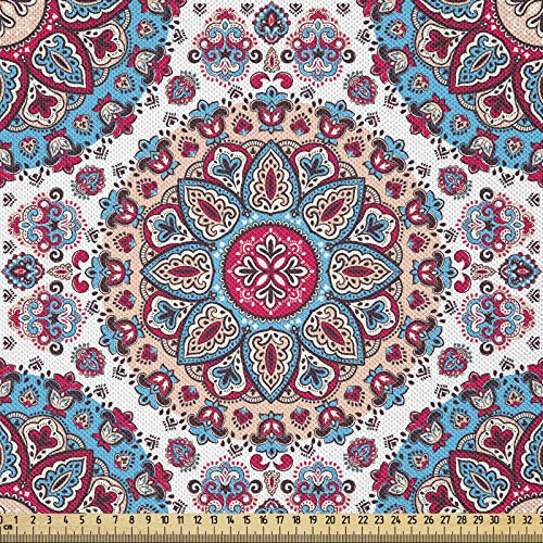 ABAKUHAUS Ethnisch Satin Stoff als Meterware, Orientalische Art Floral Retro, Qualitäts Stoff Heimtextilien Wohnaccessoires, 3M (148x300cm), Türkis Hellrosa und Pink