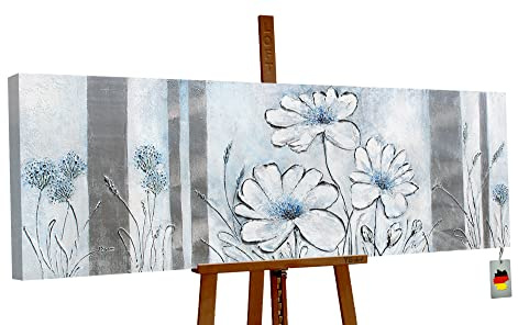YS-Art Abstrakt Acryl Gemälde auf Leinwand Blüten handgemalt Wandbilder Wohnzimmer modern Wohndekor Design Bild blau grau Natur Blumen echte Kunst 150x50 cm