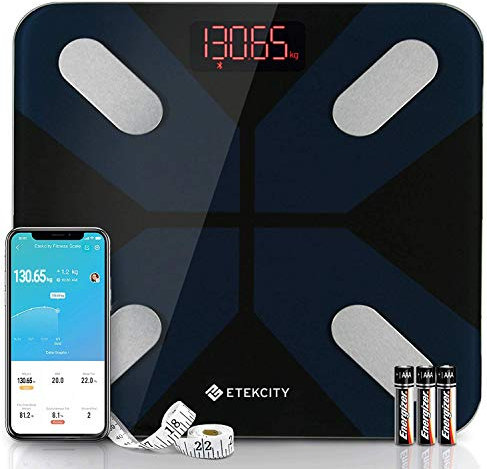 Etekcity Bluetooth Körperfettwaage, Personenwaage digital mit Intelligenten APP für Körpergewicht, Fett, BMI, Muskelmasse, Wasser, Protein usw, 28st/180kg/400lb, Einschließlich Batterien, Schwarz