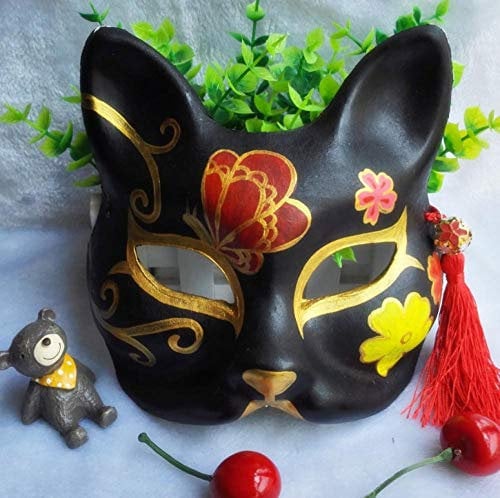 Halloween Masks Adults Hand-Painted Japanese Kimono Black cat Fox mask Luxury Flower Moon Night Hand-Painted and Wind Antique Cosplay Sakura @Plastic Version Black Fox Demon 98