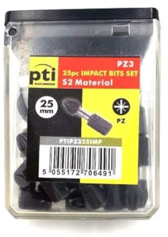 PTI 25pc Pozi PZ3 X 25MM Impact Screwdriver Bits Set Single Ended PoziDriv POZI No.3 Heavy Duty Including Storage Box
