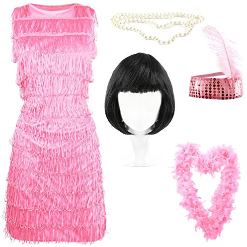 I LOVE FANCY DRESS Robe Noire Jeune Fille Délurée - FR - 40/42 - Déguisement Flapper pour femme avec bandeau à paillettes assorti, collier de perles, perruque Bob et boa en plumes (Rose)