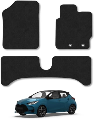Fits Toyota Yaris (2011-2020) [Full Hybrid] Carpet Car Floor Mats | Tailored Fit Tufted-Pile Premium Carpet Blue Trim Non-Slip Floor Mats Full Coverage Compatible Accessory Front Rear