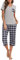 iClosam Pyjama Femme Été en Coton Ensemble de Pyjama Court à Carreaux VêTements de Nuit à Manche Courte Tenue de Nuit 2 Pièces avec T-Shirt et Pantalon Capri , Gris,XXL