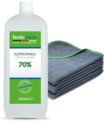 ferdoclean® 1000ml Isopropanol 70% + 3 x Mikrofasertücher (40 x 40 cm) 380 GSM | Lösungsmittel 1l IPA Alkohol Reiniger für Haushalt, Auto & mehr | Fettentferner Reinigungsmittel | Microfasertuch