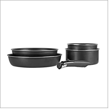 Sitram, batterie de cuisine en alu pressé, set de 5 pièces, 2 casseroles Ø 16-18 cm, 2 poêles Ø 24-28 cm, 1 poignée amovible, tous feux dont induction 712762 Noir