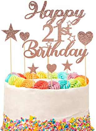 Happy 21st Birthday Cake Topper Set, 21st Birthday Cake Decoration with Heart Star Cupcake Picks - 9pcs (Rose Gold)
