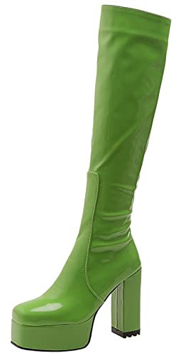 Bviennic Damen Plateau Blockabsatz Knee Lack Reitstiefel Square Toe Party Mode Boots Reißverschluss Warm Schuhe Grün Gr 35 Eu