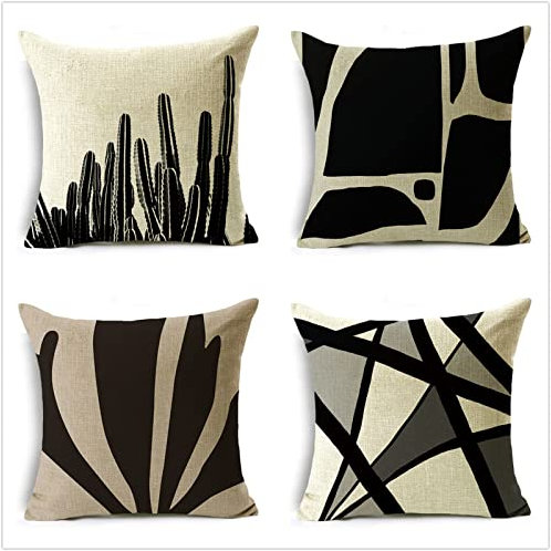 Laahoo Kissenbezug 35x35cm,4er Set Deko Kissen,Schwarz-weißer Kaktus Doppelseitig Kissenbezug aus Leinen,mit Unsichtbarem Reißverschluss Kissenbezüge,Quadrat Dekokissen für Sofakissen Garten Outdoor