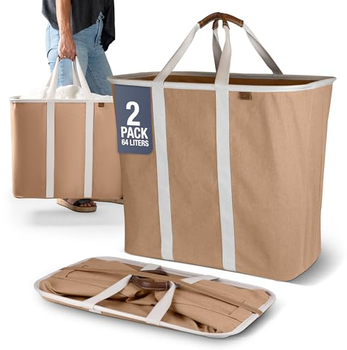 CleverMade Collapsible Laundry Basket, Premium Large Foldable Clothes Hamper, Laundry Tote Carry All Bin XL Pop-Up Caddy with Handles, 2 Pack, Mocha