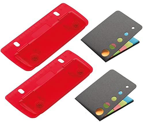 Set 2 Taschenlocher Mini Locher zum Einheften, mit Haftnotizen, für 8 cm Lochung mit 12 cm Skala, für Schule Büro Haushalt, Farbe Rot