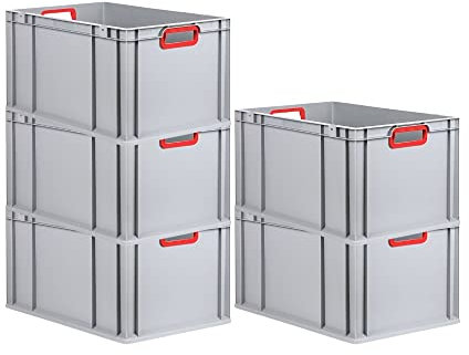 PROREGAL SuperSparSet 5x Eurobox NextGen Color | HxBxT 32x40x60cm | 65 Liter | Griffe rot offen | Verstärkter Boden | Eurobehälter, Transportbox, Transportbehälter, Stapelbehälter