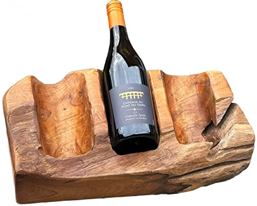 Darthome Driftwood Wine Bottle Holder Rustic Solid Wood Alcohol Storage Rack Stand (Triple Wine Holder)