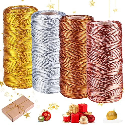 4 Rotoli Filo d'oro,Filo Dorato,1.5MM Tinsel Corda per Decorazioni,Cordoncino Metallico,Filo di Spago Natalizio,Cordoncino Oro per Artigianato Decorazione di Natale Confezioni Regalo Perline (400M)
