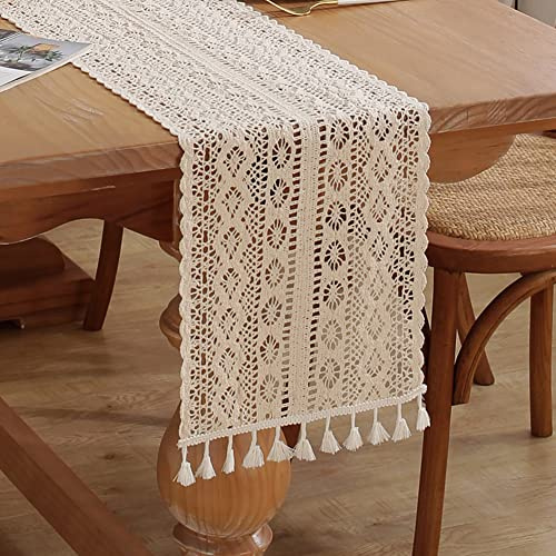 meioro Gehäkelte Tischläufer, 26x200cm Spitze Boho Tischwäsche Klassische Beige Hochzeit Tischdecke Vintage Tassel Tischdeko für Küche Essen Urlaub Party Dekoration Tablerunner(Stil-C)