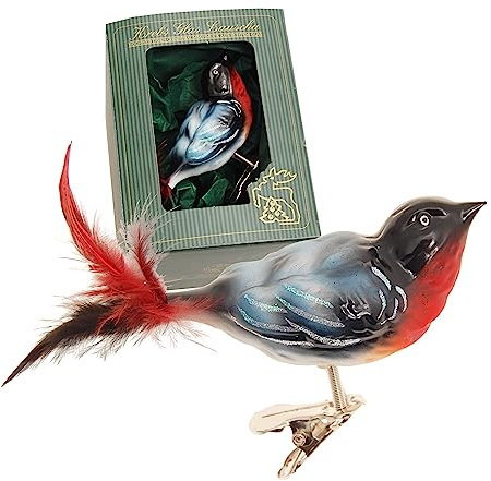 Krebs Glas Lauscha - Weihnachstdekoration/Christbaumschmuck aus Glas - Glasvogel - Motiv: Dompfaff-Männchen - Farbe: Blau/Rot - Größe: 12 cm - Made in Germany