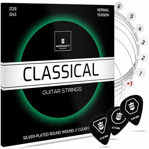 MORIATY® Gitarrensaiten Konzertgitarre, Saiten für klassische Gitarre aus Nylon und Silber, Akustikgitarre (7 Saiten-Set) | INKLUSIVE: 3 Plektren + Extra hohe E-Saite