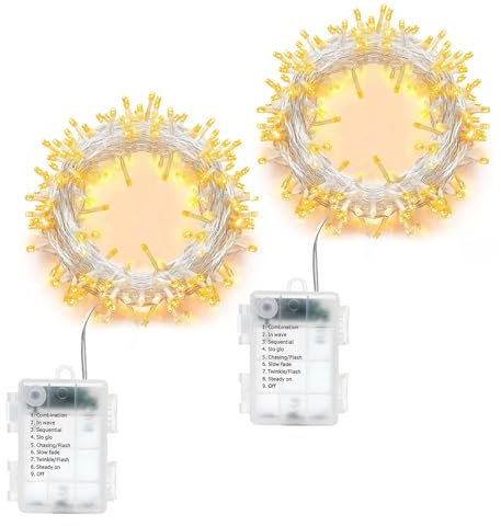 Yusinjoy Lichterkette Batterie mit Timer 2 Stück 10m 100LEDs Außen Lichterkette Batteriebetrieben mit 8 Modi, Innen Lichterkette mit Akku für Weihnachten Garten Balkon Hochzeit Deko DIY, Warmweiß