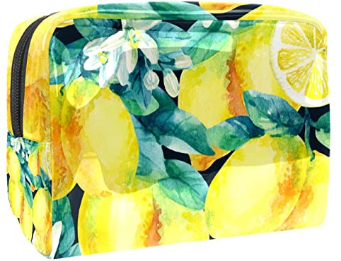 Borsa cosmetica da donna, con motivo a fiori e limoni, grande, in PVC, con cerniera, Multi, 18.5x7.5x13cm/7.3x3x5.1in, Beauty case