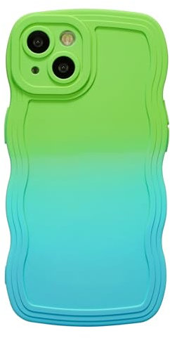 ZCDAYE Compatible with iPhone 13, Cute Neon Rainbow Gradient Color Curly Wave Frame Camera Protection Soft TPU Shockproof Case Cover for iPhone 13 (6.1 inch), Green&Blue