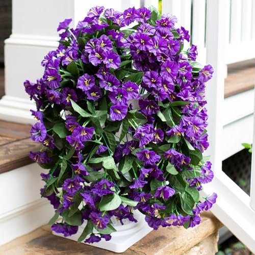 Künstliche Hängepflanzen, Blumen für den Außenbereich, Sommerdekoration, 2 Stück, künstliche Seide, violett, Morgenglory, Reben, UV-beständig, realistisch, für Veranda, Terrasse, Balkon, Übertopf