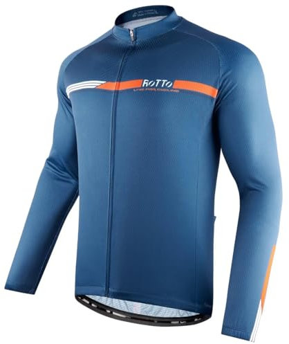 ROTTO Herren Radtrikot Fahrradtrikot Langarm Rennrad Trikot mit Rückentaschen Streifen Serie
