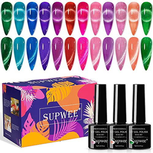SUPWEE Neon Magnetic Gel Nail Polish Set, 12 Colors Cat Eye Gel Nail Polish Kit with Magnet Soak Off UV Gel Glitter Magnetic Manicure Kit for Nail Salon or DIY at Home 7ml