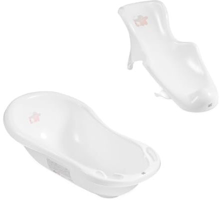 Hylat Baby Bañera con Asiento de Baño Bebe con Tapón - Friends Blanco - Certificado TÜV Rheinland - para Recién Nacidos y Bebés de Hasta 12 Meses - Colección Lite - Silla Hamaca Bañera para Bebe