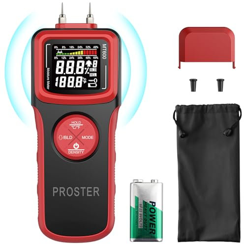 Proster Medidor de la Humedad 2 en 1 Humidímetro con Agujas y sin Agujas Higrómetro con LCD Retroiluminado para Madera Material de Construcción Pared Mampostería