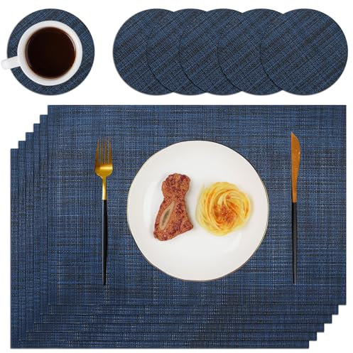 Homcomodar Table Place Mat and Coasters Set of 6 Heat Resistant Plastic Woven Placemats Washable Table Placemat for Dining Table Restaurant(Blue)