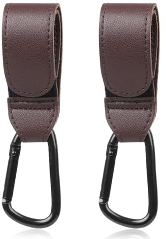 Kadem® Universal Haken 2 Stück | Halterung Kinderwagen Kinderwagenhaken Taschenhaken | vielseitig praktisch Kunstleder Klettverschluss Taschenhalter Karabinerhaken | rotbraun