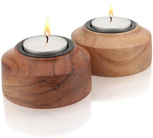com-four® 2X Teelichthalter aus Akazienholz - Kerzenständer mit Metalleinsatz und Akazienholz-Sockel - Holz-Kerzenleuchter für Teelichter und Votivkerzen bis 4 cm Ø (02 Stück - Akazienholz)