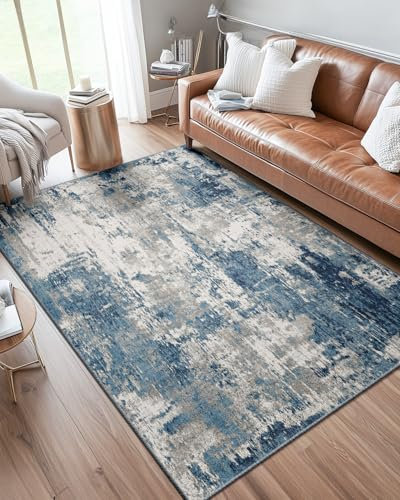 DEFYNEE Abstraktes Teppich Wohnzimmer 240x300 cm, rutschfest, Kurzflor aus Kunstwolle, waschbar, minimalistisch, Bettvorleger für Wohnzimmer, Schlafzimmer & Büro, Blaugrau