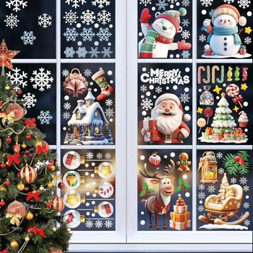 Adesivi Natale per Finestre, 9pezzi Vetrofanie Decorazioni Natalizie, 3D Adesivi per Finestre Natale PVC, Doppio Lato Stickers Natalizi Vetri,Finestre Vetro Natale Decorazioni.