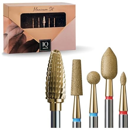 IQ NAILS EXPERT GOLD POWER Nails Nail Drill Bits Set - Set of 6 Manicure and Pedicure Drill Bits – Diamond Cuticle Drill Bits Set - Carbide Drill Bit for Hybrid, Gel, Acrylic Nails – Nail Accessories